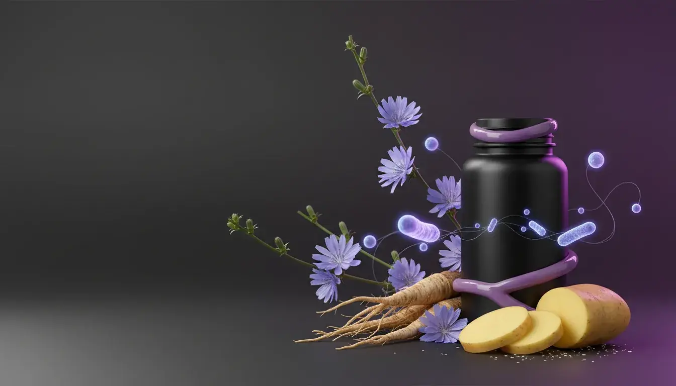 Stylised illustration of chicory flowers, chicory root and sliced potato beside a supplement bottle